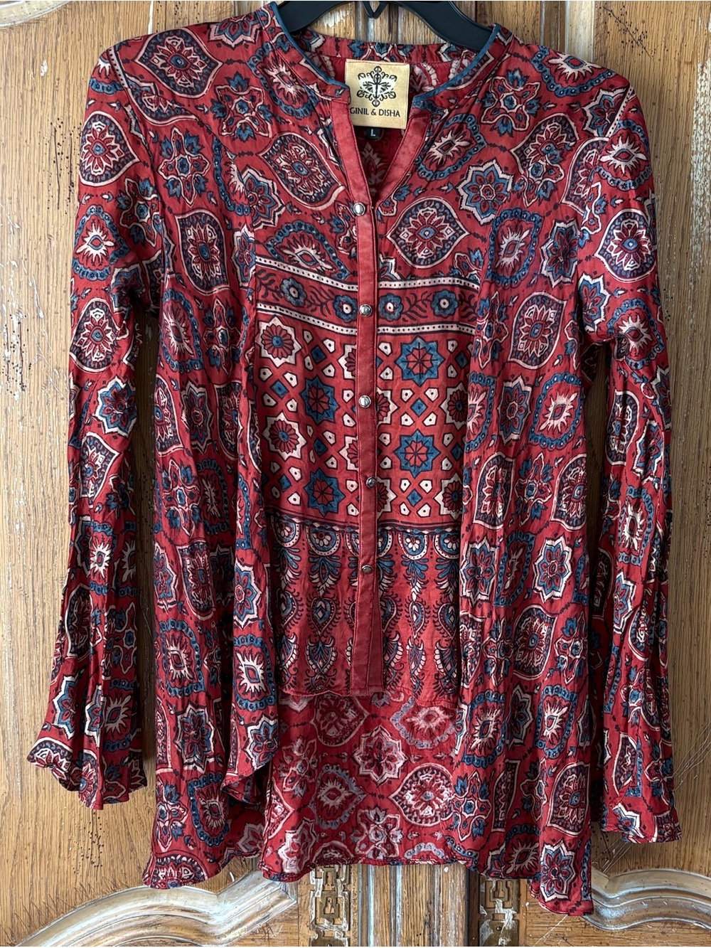 Ginil & Disha Boho Printed Blouse Size L Red Geometric Mixed Print Top